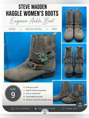Steve Madden Haggle Women's Boots Engineer Ankle Boot Buckle Suede Gray Size 9